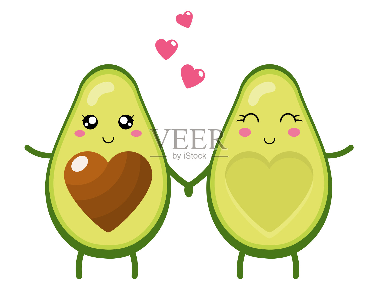 搞笑快乐可爱快乐微笑情侣鳄梨相爱。可爱的卡通牛油果夫妇牵着手。情人节贺卡。矢量插图为任何设计。插画图片素材