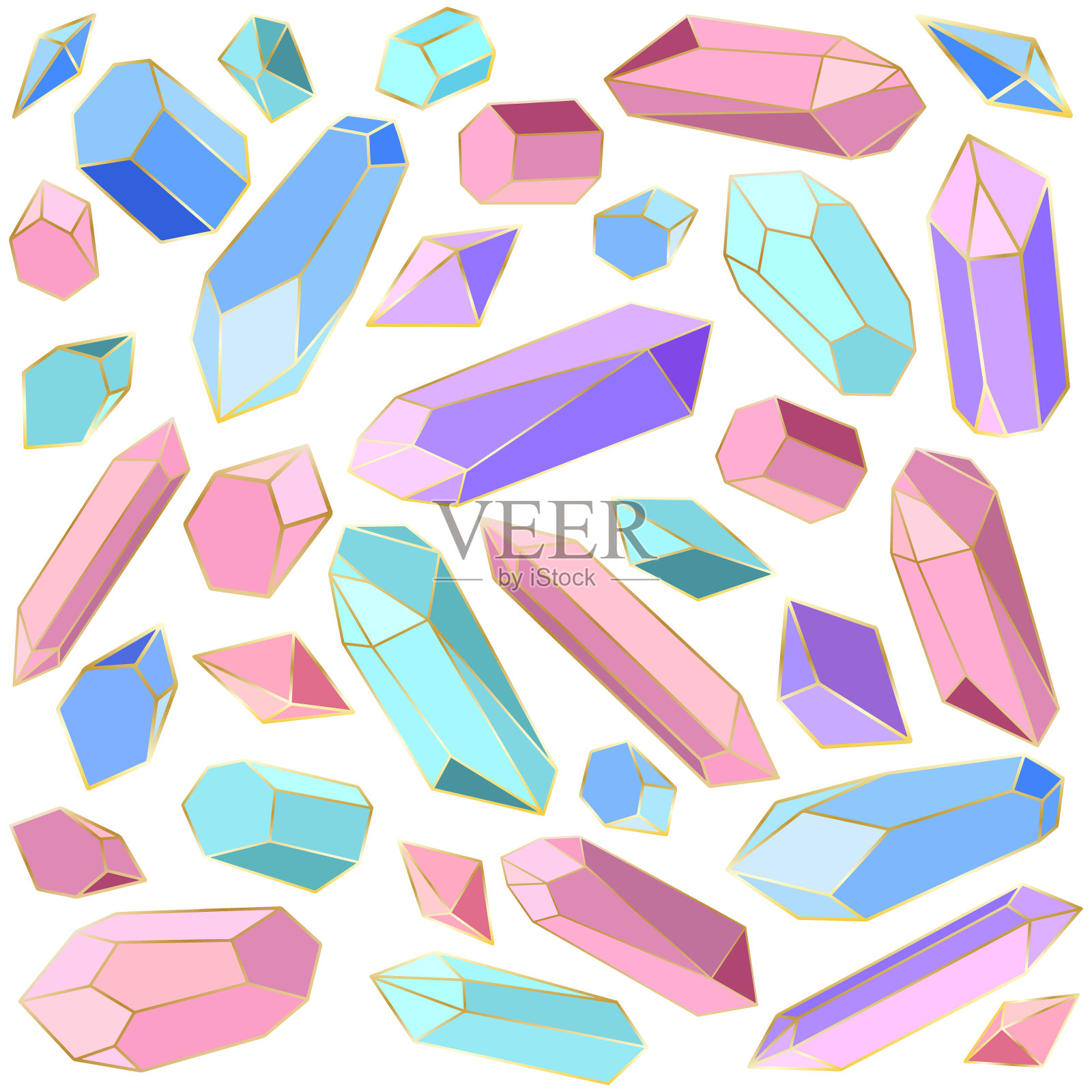 一套向量晶体在蓝色，绿松石，紫色和粉红色，在一个黄金轮廓手绘珠宝插画图片素材