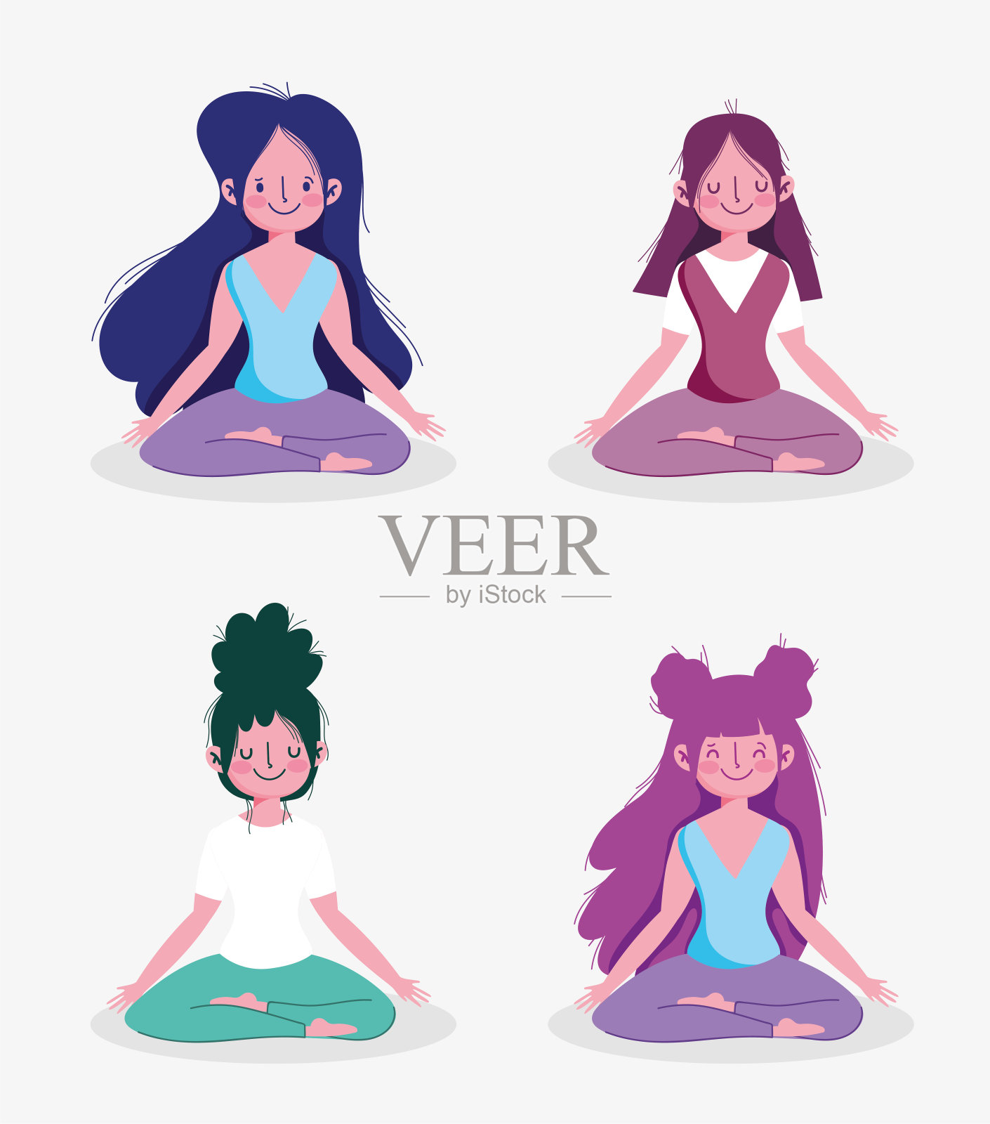 团体妇女在家里练习瑜伽姿势莲花活动运动锻炼插画图片素材