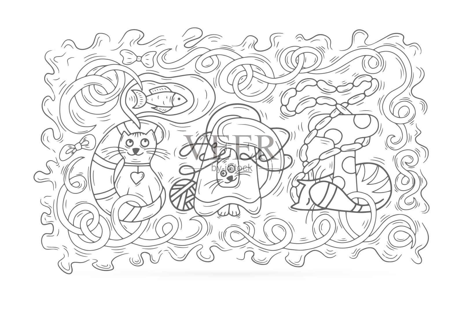 轮廓猫字母孤立在白色。猫梦见香肠和鱼。着色动物标志设计。涂鸦手绘艺术。素描的宠物。向量股票插图插画图片素材