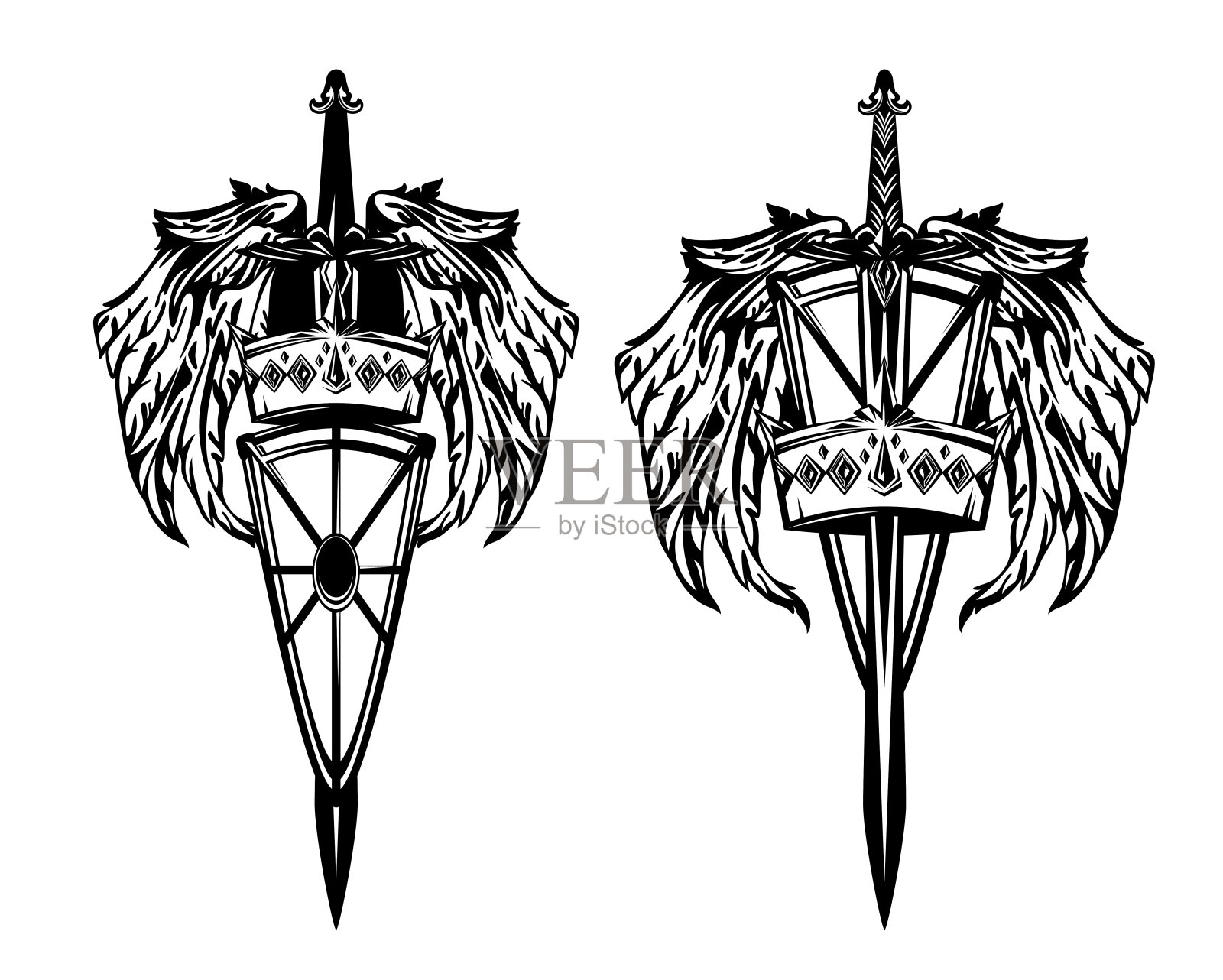 黑色矢量轮廓纹章盾，剑，皇冠和翅膀插画图片素材