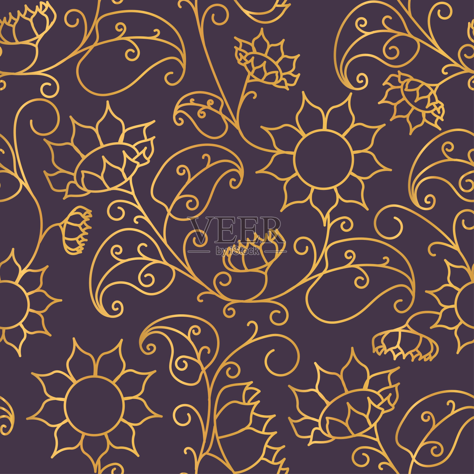 花卉图案。向日葵。无缝模式黄金轮廓上的紫色背景插画图片素材
