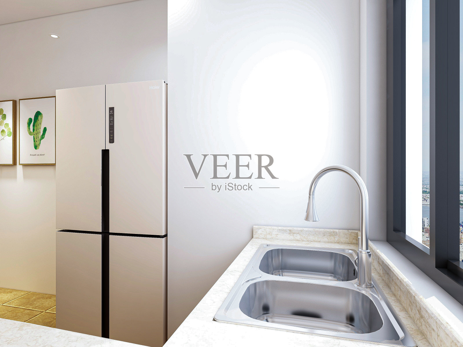 3D效果图，现代家庭厨房设计，新橱柜和带有冰箱的厨房用具，阳光透过窗户。照片摄影图片