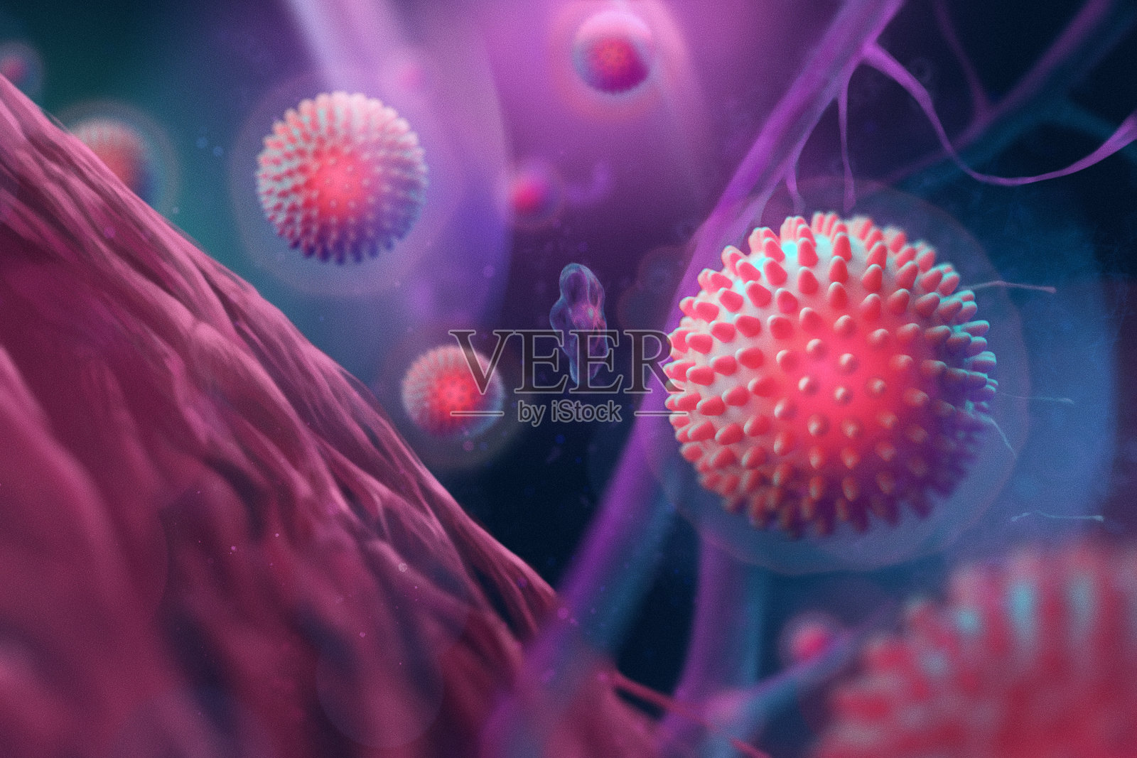 COVID-19生物在显微镜下的3D图像照片摄影图片