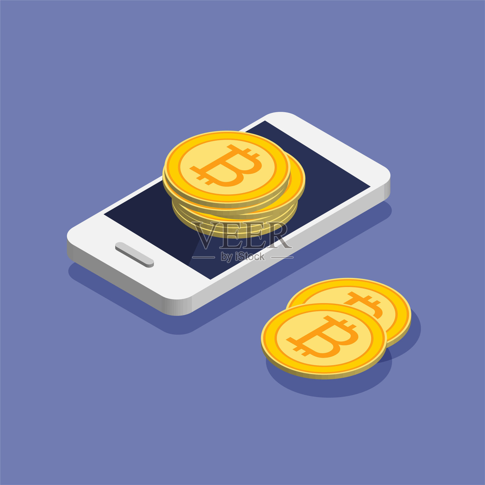 智能手机与比特币堆在时尚的等距风格。插画图片素材