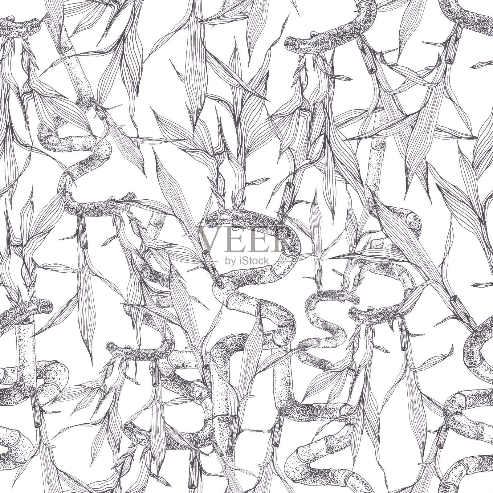 白底竹枝无缝图案手绘黑墨水点素描。插图可爱的竹早午餐螺旋与树叶作为无尽的墙纸。插画图片素材