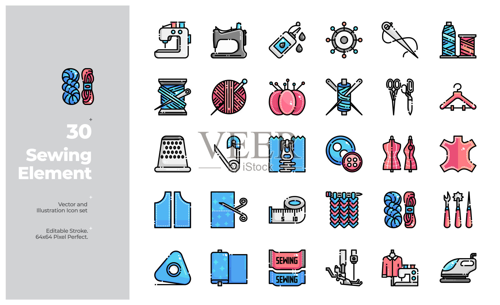 矢量颜色线图标一套缝纫设备。可编辑的中风。图标素材