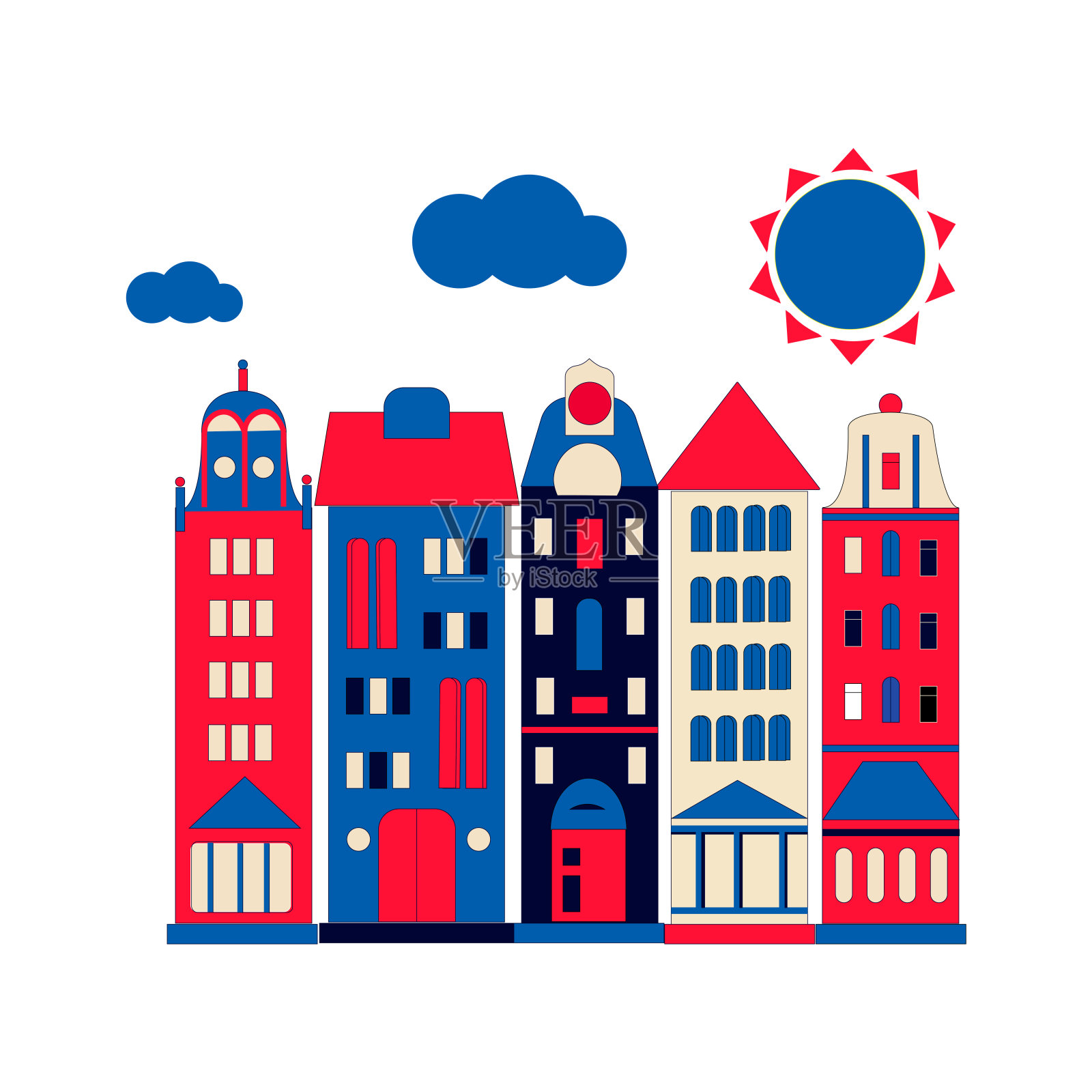 可爱的荷兰红、蓝房子。明亮的颜色卡通矢量插图在孤立的白色背景上的平坦风格。设计元素图片