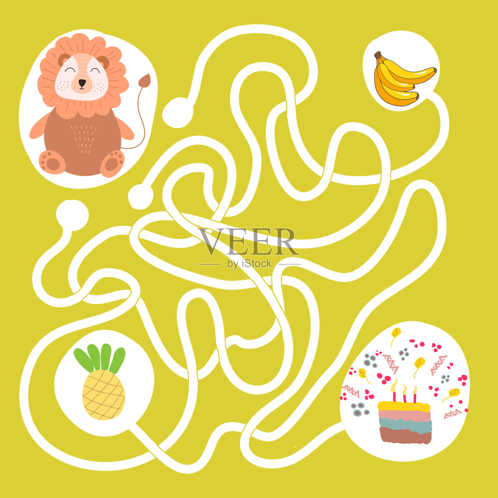 适合儿童和成人的逻辑益智游戏。帮助狮子吃蛋糕。丛林,北欧风格。培养孩子的注意力和空间、数学思维能力。智商测试培训。插画图片素材