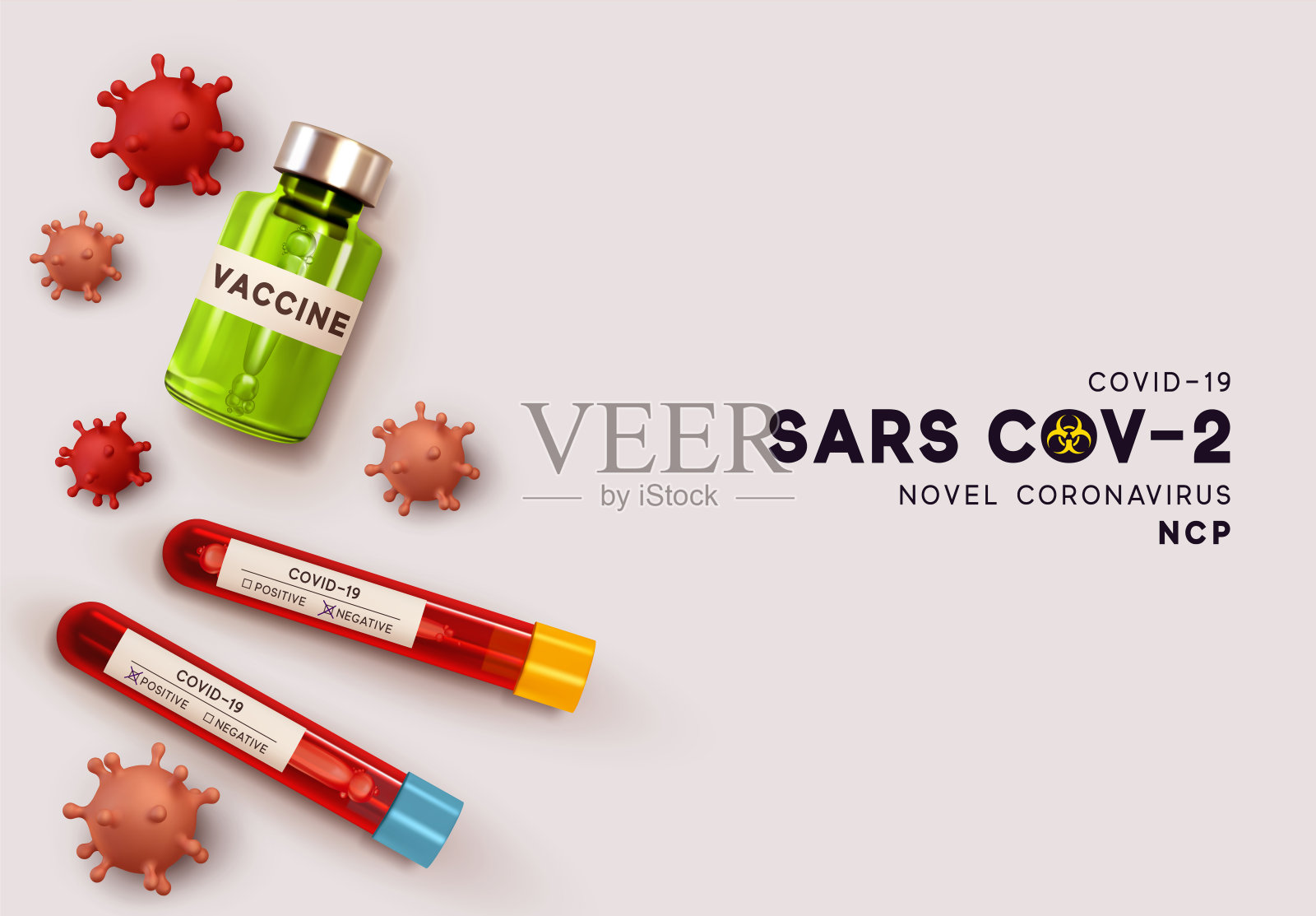 新型冠状病毒疫苗。covid - 19病毒实验室血液检测。新型冠状病毒(2019-nCoV)是指单链RNA病毒。真实的三维病毒细胞。SARS-CoV2。矢量插图。插画图片素材