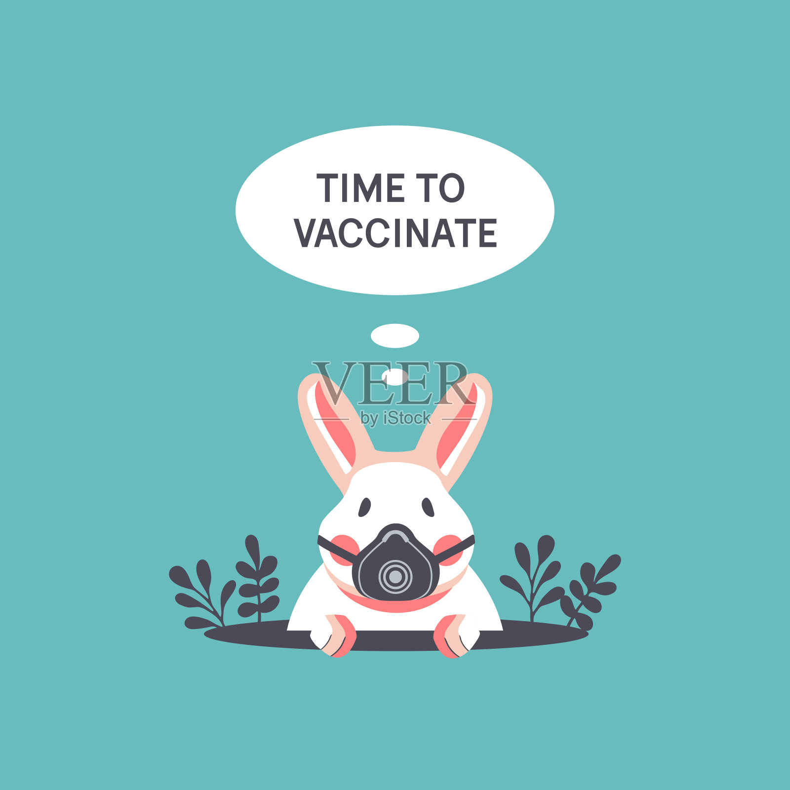 接种疫苗的时间。戴着呼吸器的可爱兔子从一个洞里探出头来设计元素图片
