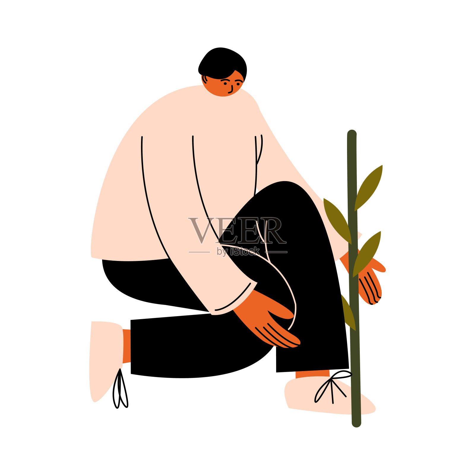 男子农民坐在和照顾植物载体插图插画图片素材