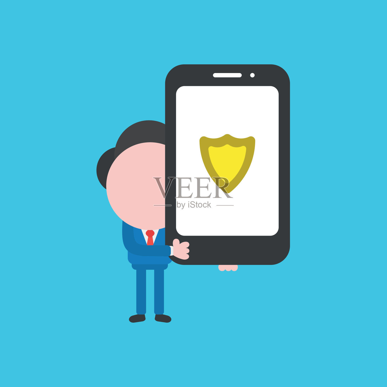 矢量插图概念的商人性格持有智能手机与保护盾。插画图片素材