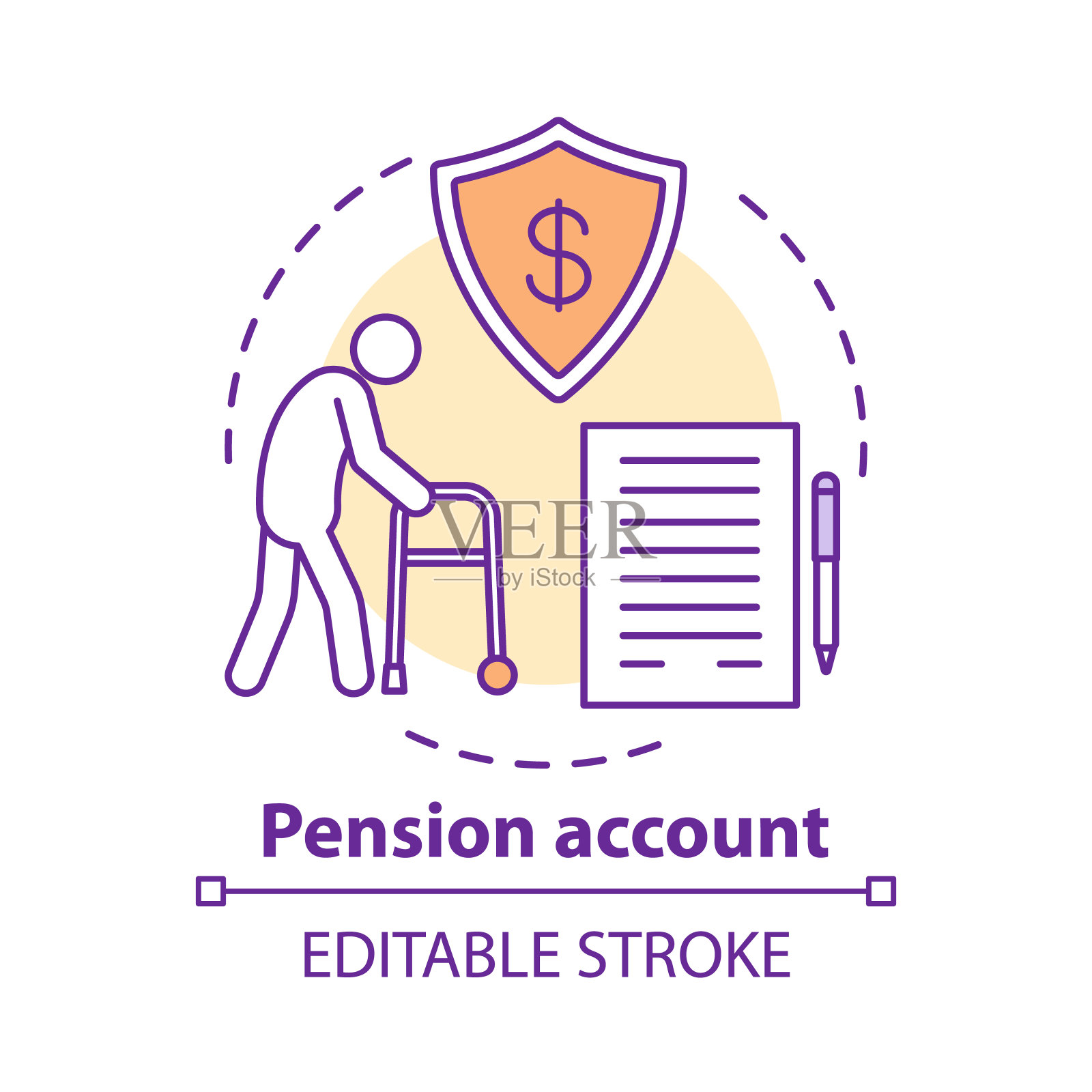 养老金帐户概念图标。省钱点子细线插图。银行计划，老年协议，老年公民。退休收入基金。矢量孤立轮廓绘制。可编辑的中风插画图片素材