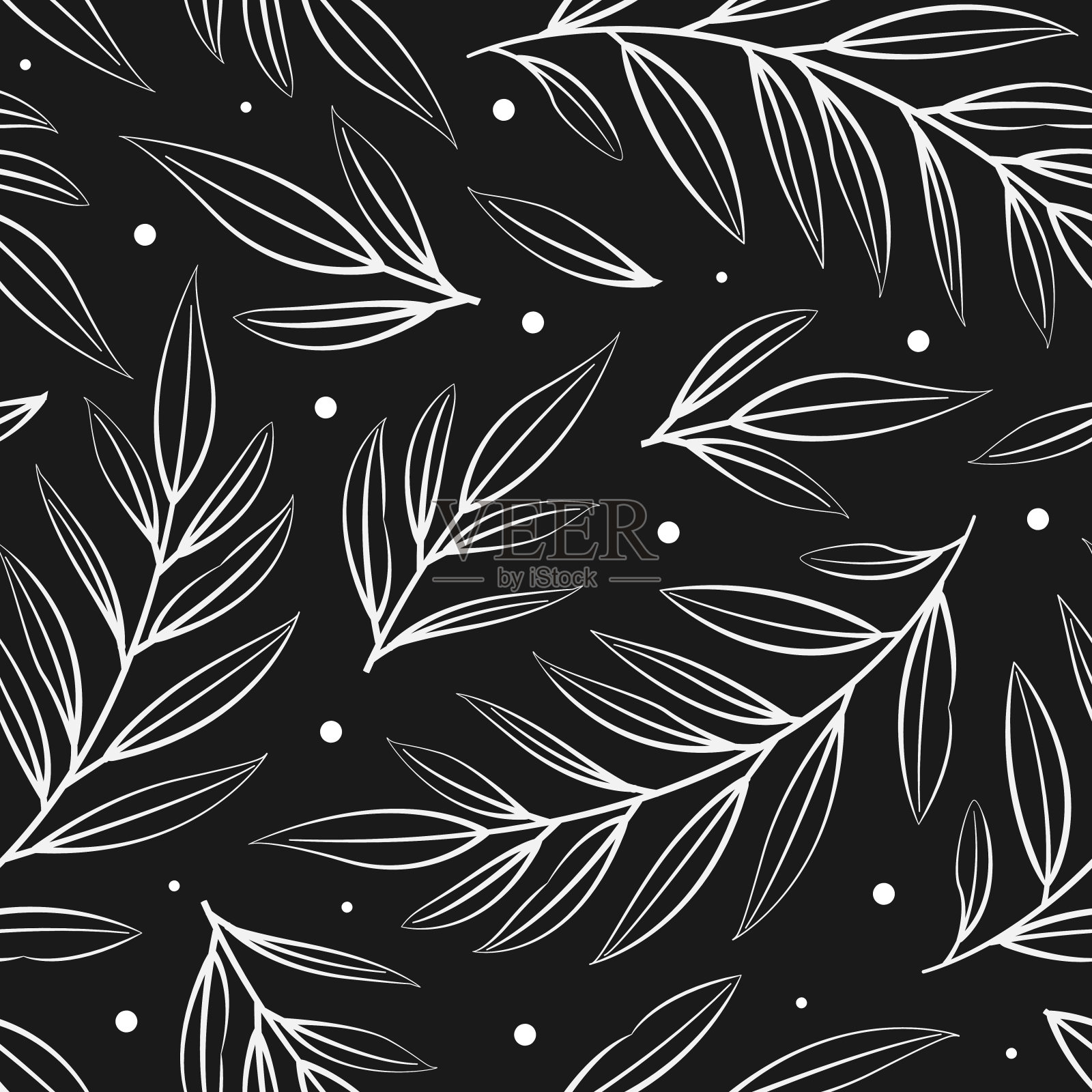 花无缝图案与白色的枝和叶在黑色的背景上。插画图片素材