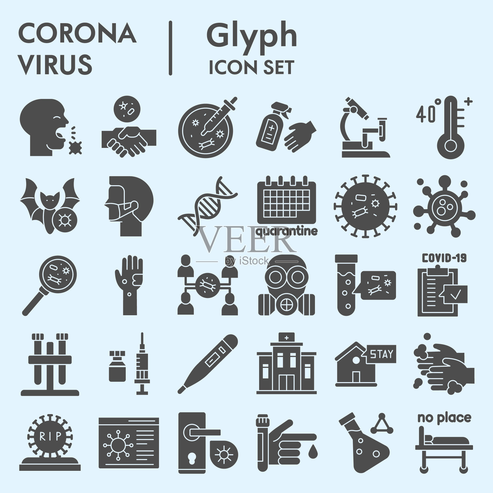 冠状病毒实体图标集。新型冠状病毒标志集合或草图、新型冠状病毒流行网络标志、象形文字包装、淡蓝色背景隔离。矢量图形。图标素材