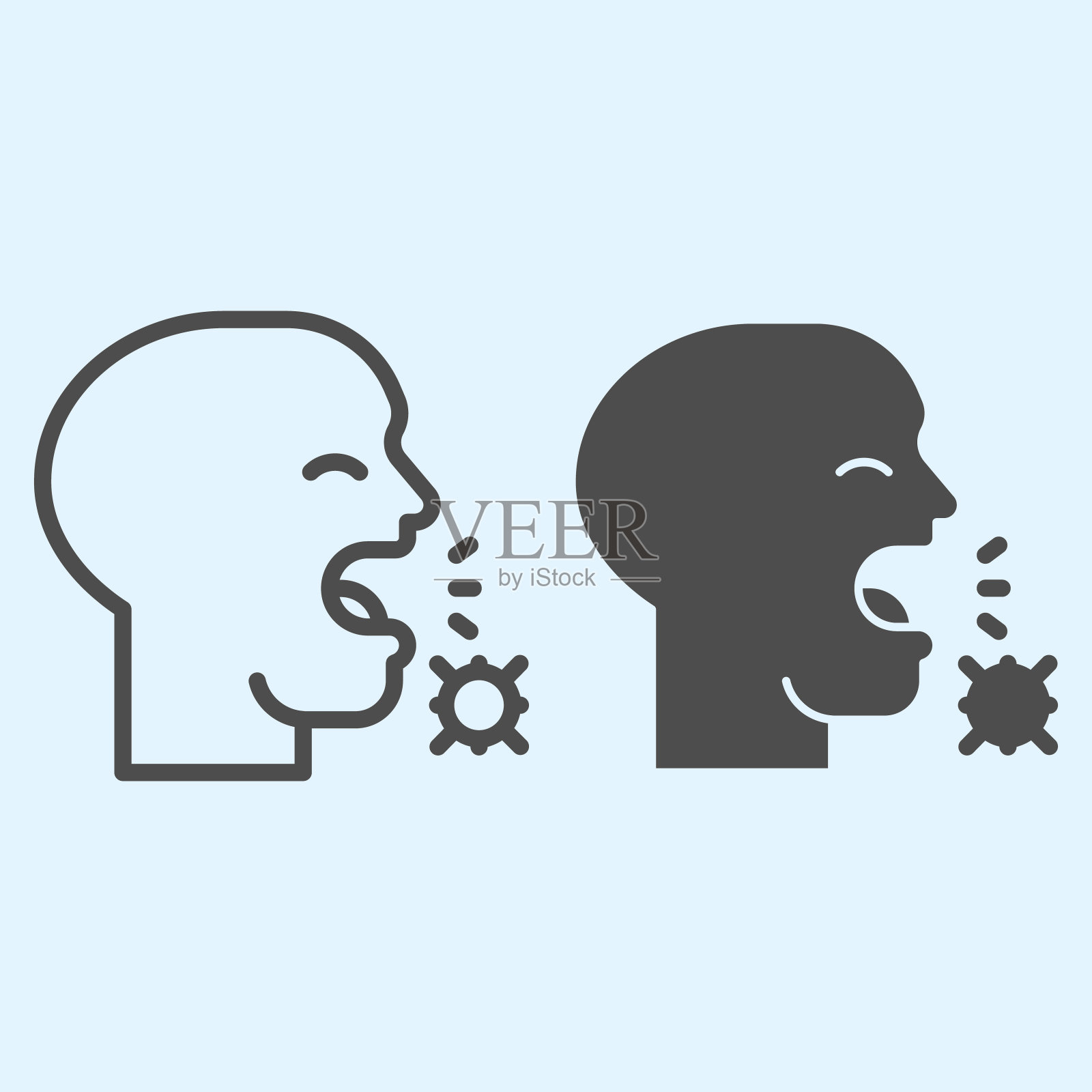 咳嗽人和病毒感染线和固体图标。白色背景上的咳嗽传播Covid-19轮廓风格象形图。移动概念和网页设计的冠状病毒标志。矢量图形。插画图片素材