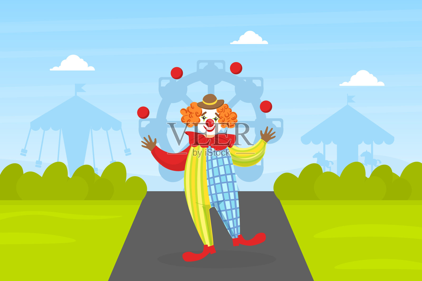 滑稽的马戏团小丑杂耍，喜剧演员表演在夏季景观矢量插图插画图片素材