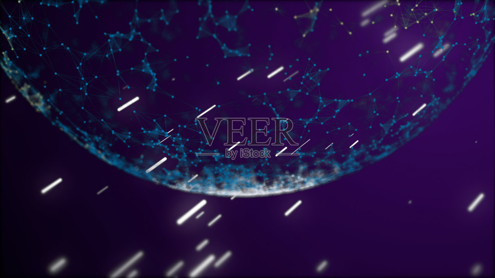 闪闪发光的彩色飞船以抽象的绿色丛状图案飞向行星。照片摄影图片