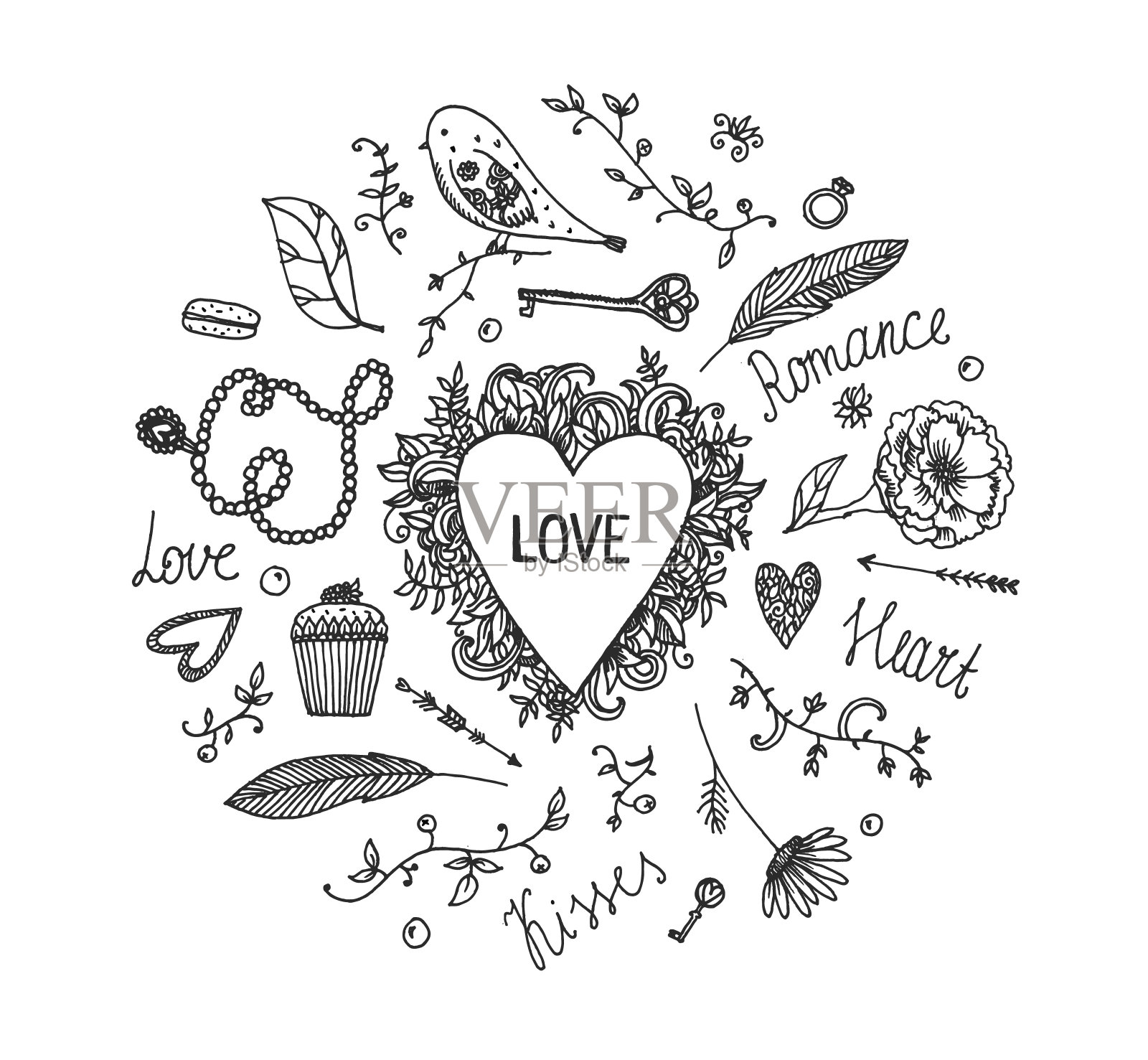 手绘向量浪漫集。爱。婚礼元素明信片，邀请，情人卡。手绘的涂鸦心，鸟，珠宝插画图片素材