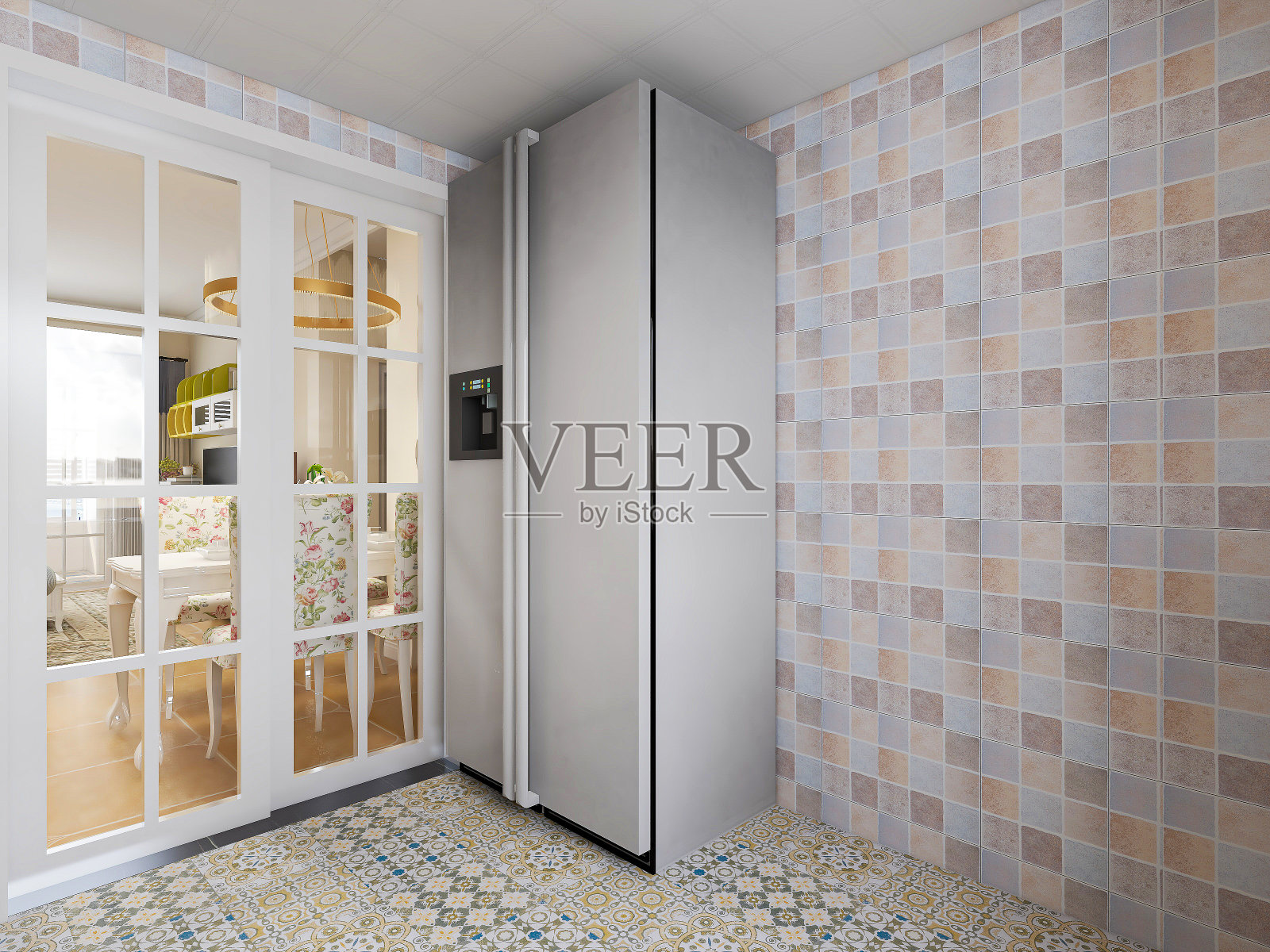 3D效果图，现代家庭厨房设计，新橱柜和带有冰箱的厨房用具，阳光透过窗户。照片摄影图片