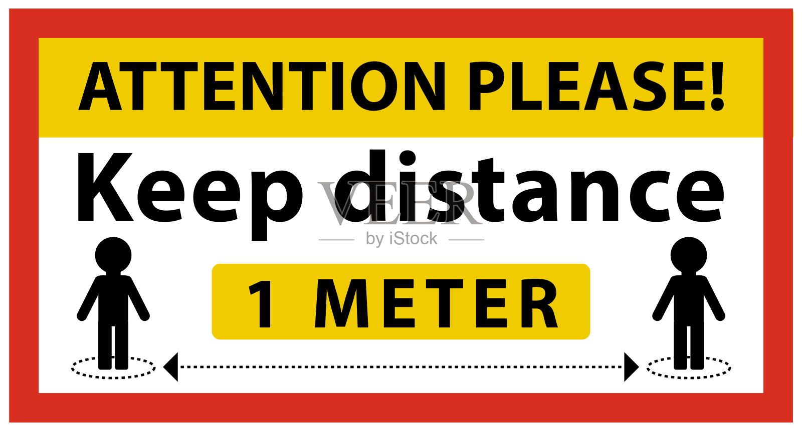 冠状病毒的迹象。人与人之间距离1米，请注意。阻止病毒的传播关于隔离的信息警告标志。插画图片素材