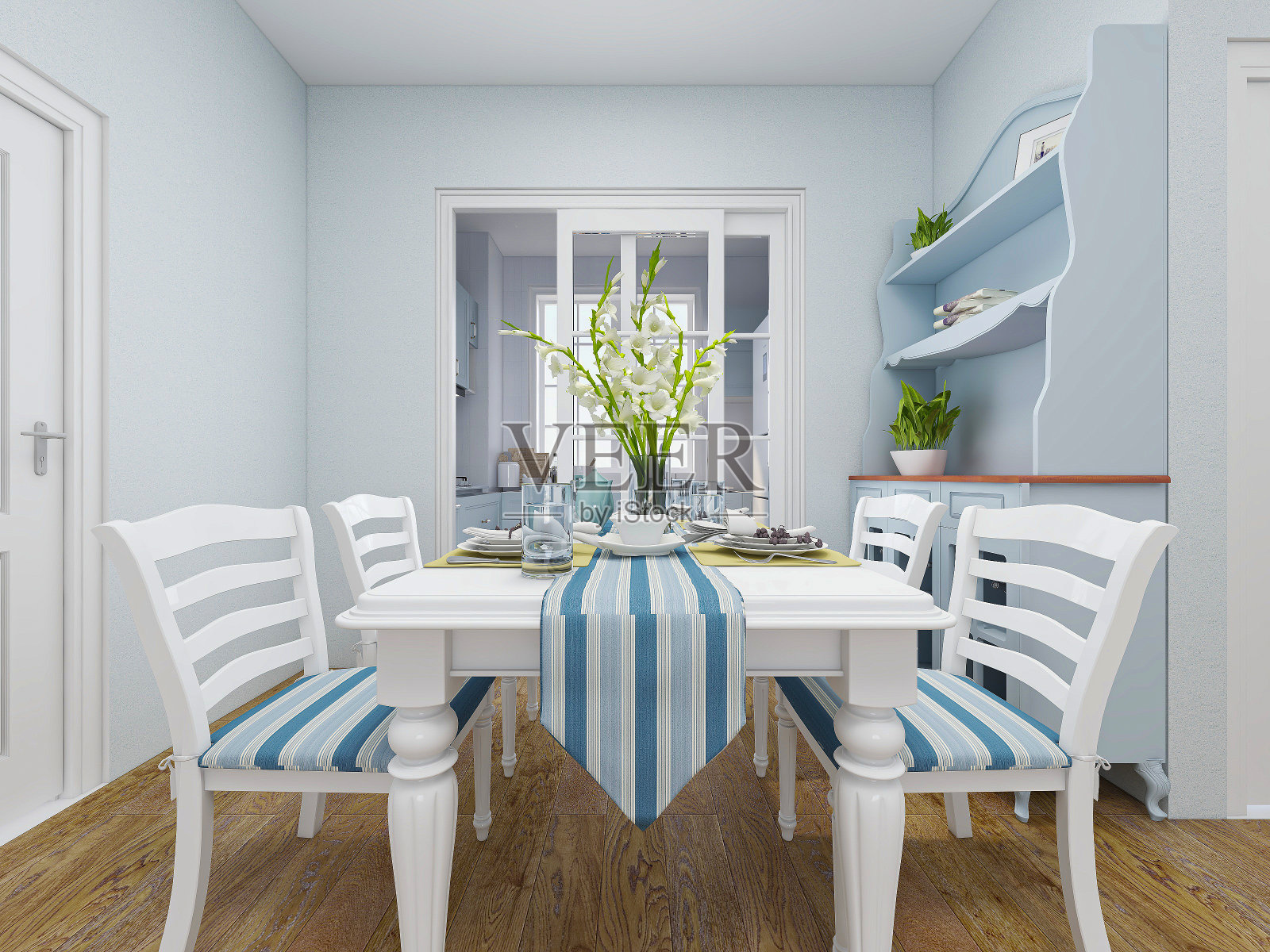 . 3d渲染，蓝色地中海风格用餐区设计，木制餐桌和椅子。照片摄影图片