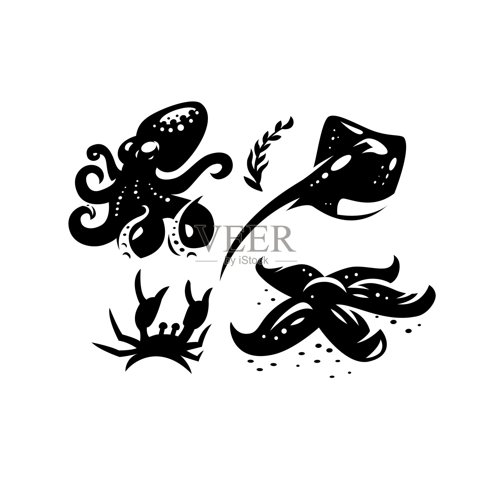 海洋生物。螃蟹，黄貂鱼，章鱼，海星。插画图片素材