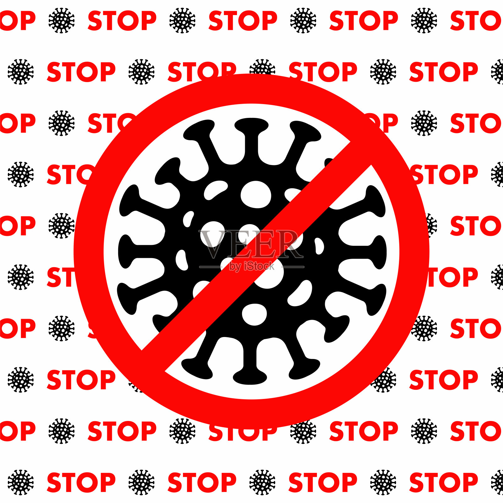 阻止对covid-19的冠状病毒保护。白色背景上红色标志上的细菌。插画图片素材