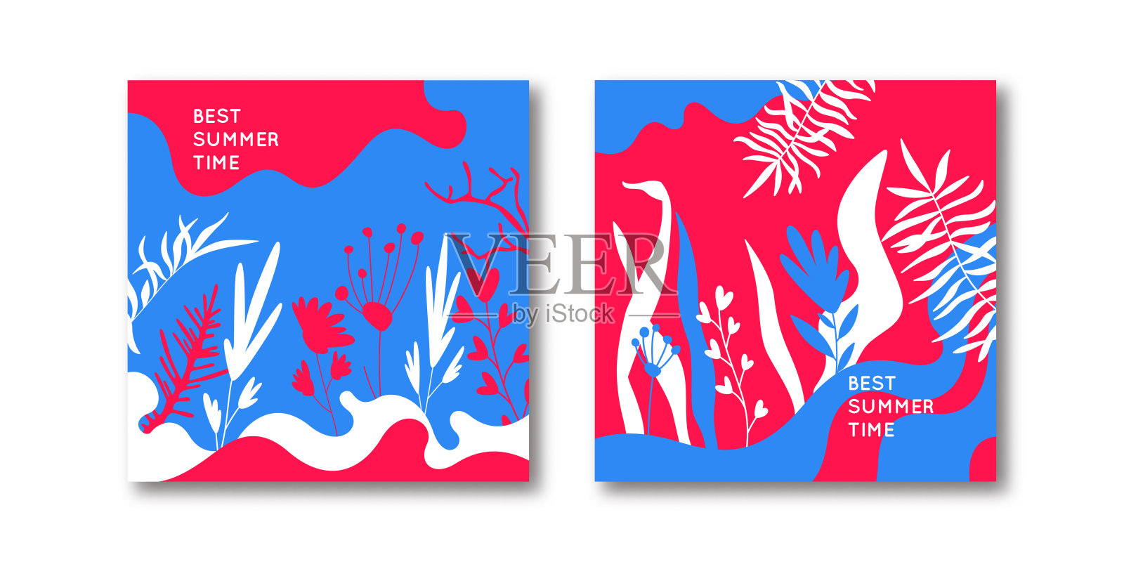 夏季矢量设计背景：一套植物主题的时尚海报插画图片素材