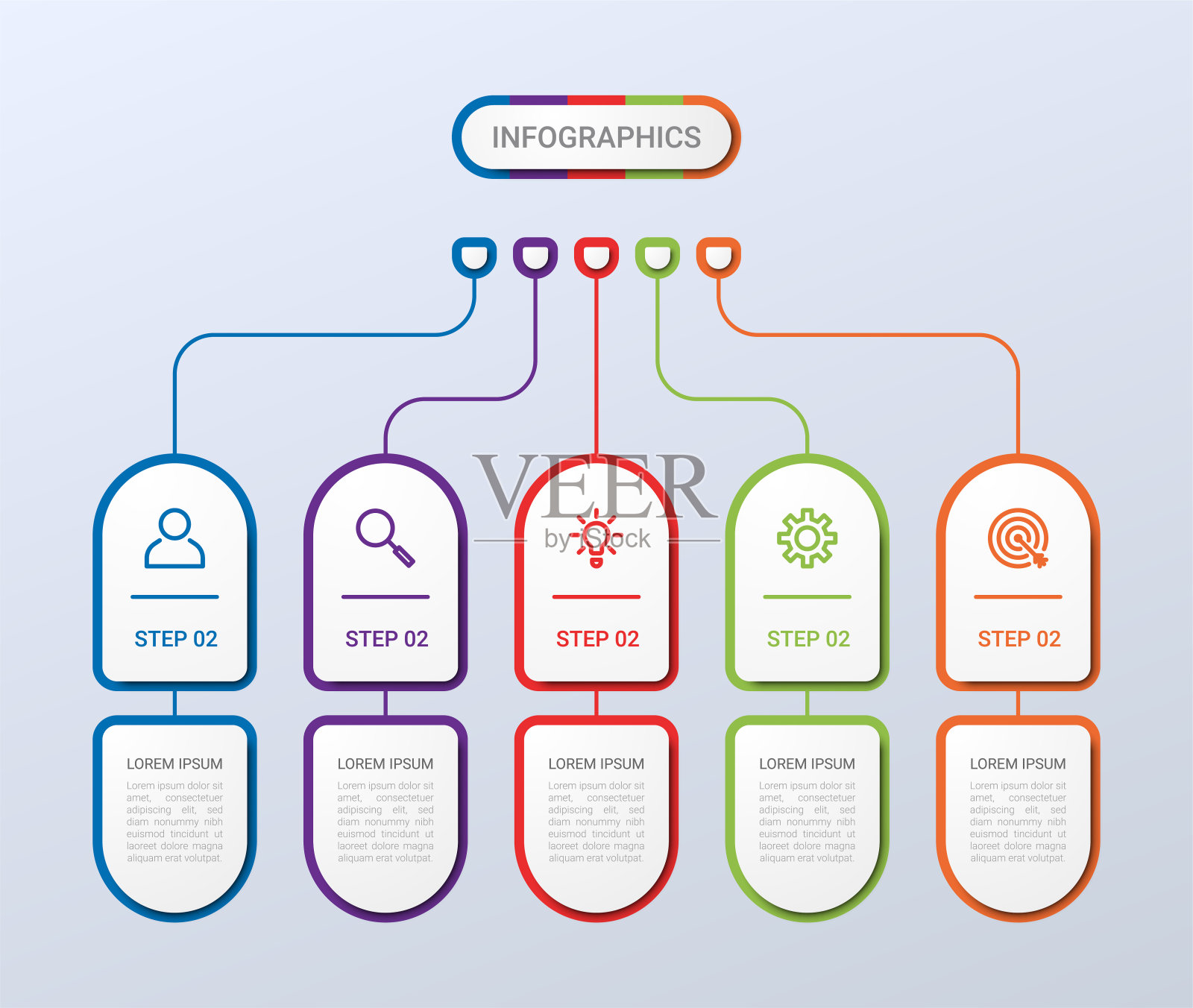 业务数据可视化，灰度背景上5步信息图模板，矢量图插画图片素材