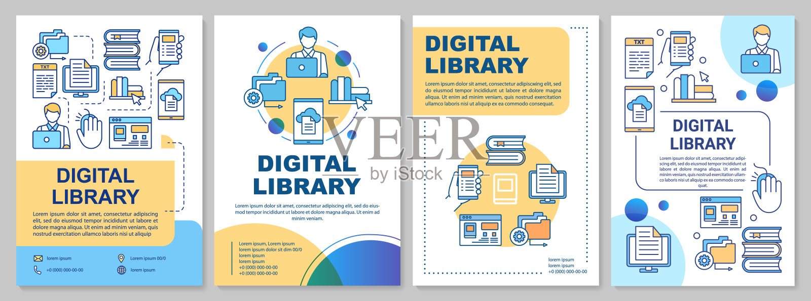 数字图书馆手册模板。电子书阅读。传单，小册子，传单印刷，封面设计与线性插图。矢量页面布局杂志，年度报告，广告海报设计模板素材