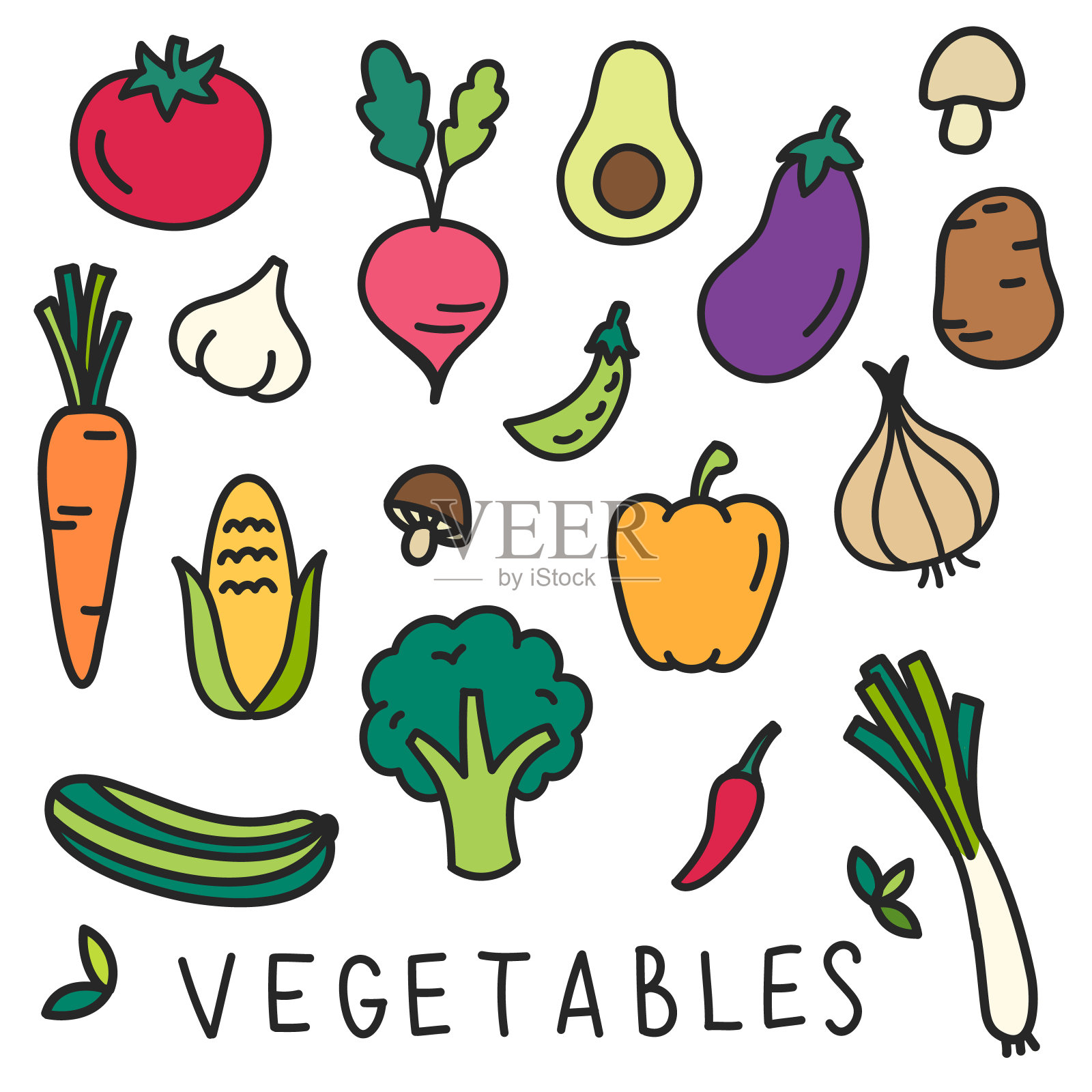 一套可爱的卡通涂鸦风格的蔬菜图标插画图片素材
