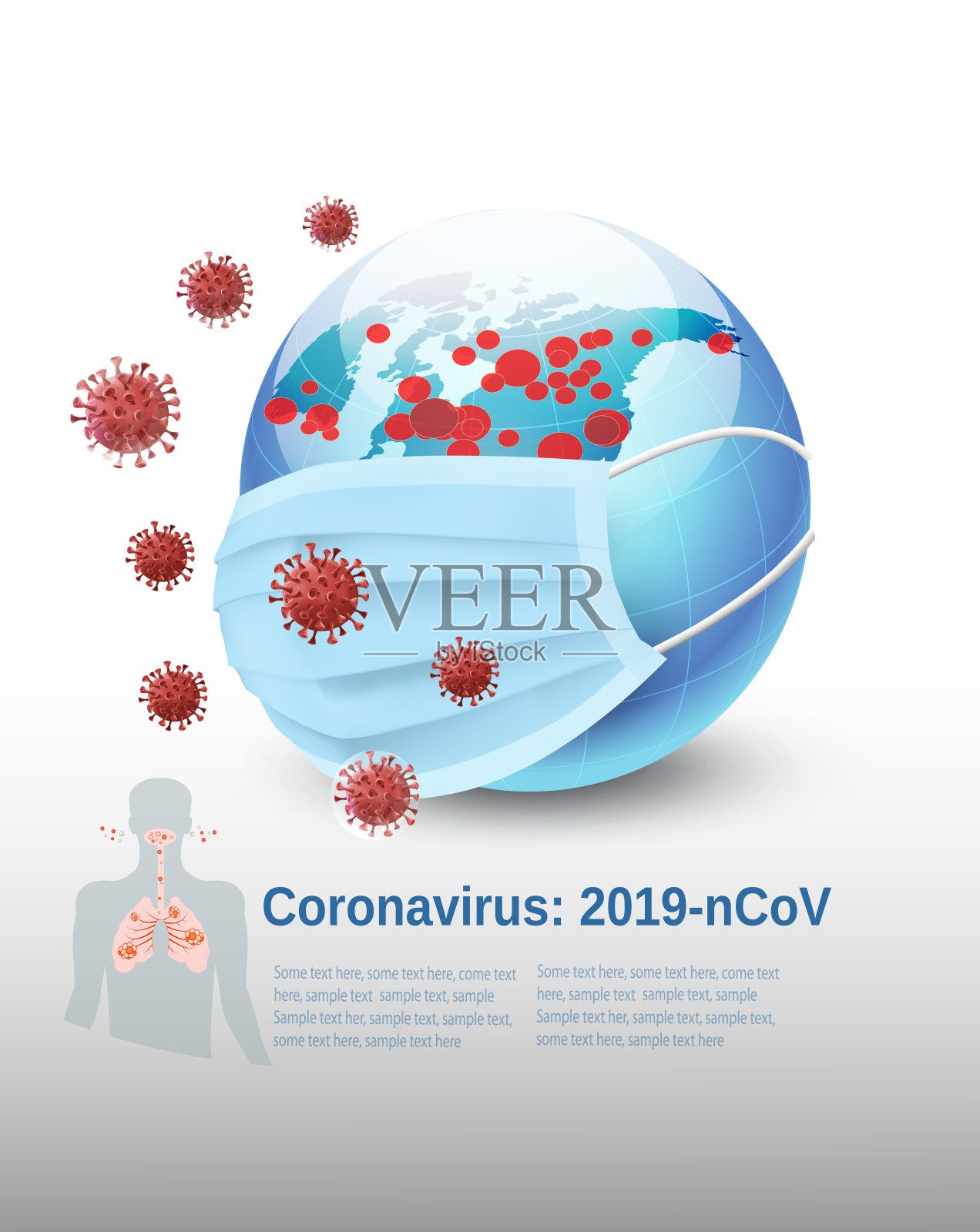 冠状病毒背景、COVID-19、戴防护医用外科口罩的地球和病毒分子。矢量图插画图片素材