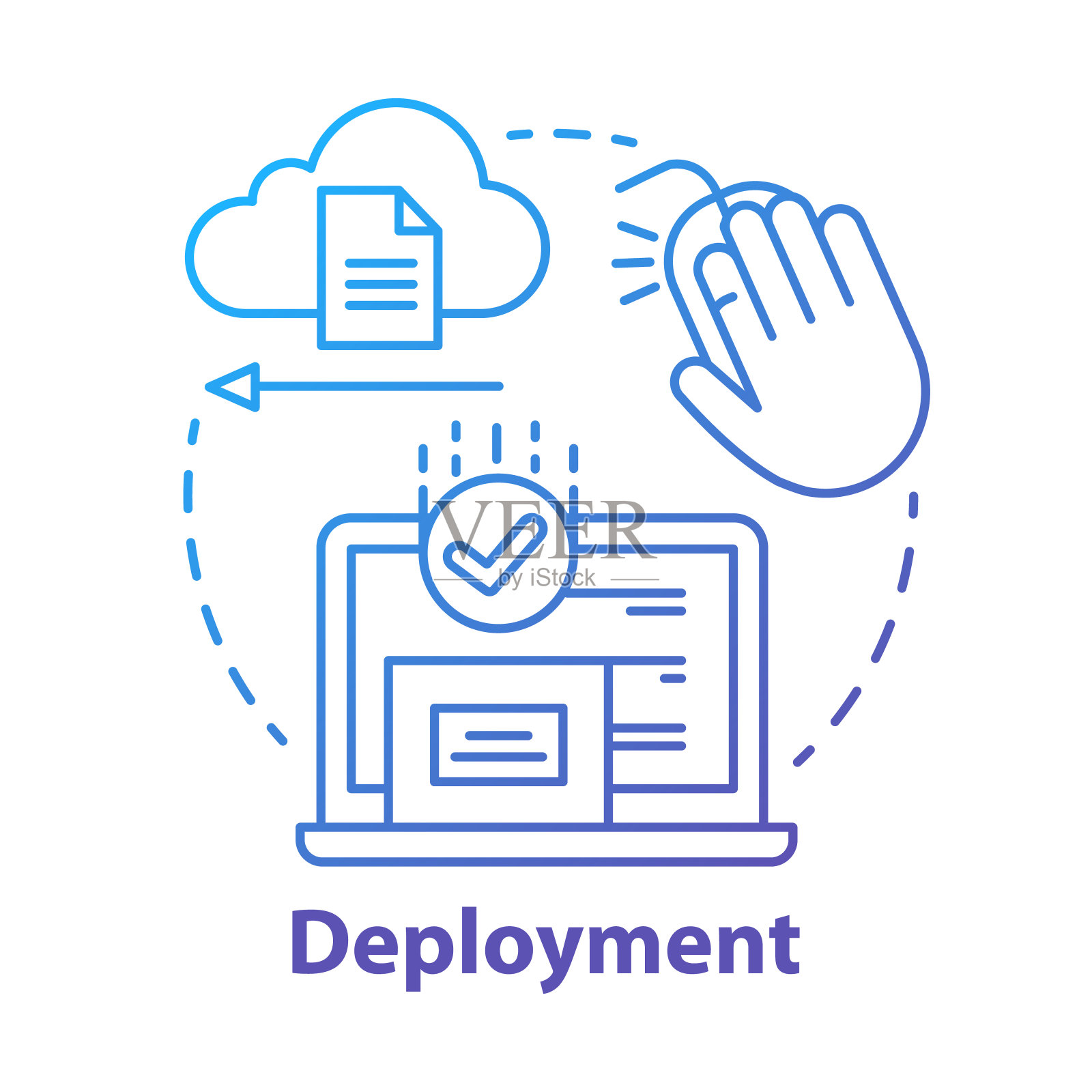 部署图标的概念。数据发送、接收。产品发布。可用性测试。将已完成的软件交付给消费者构想细线插图。矢量孤立轮廓图插画图片素材