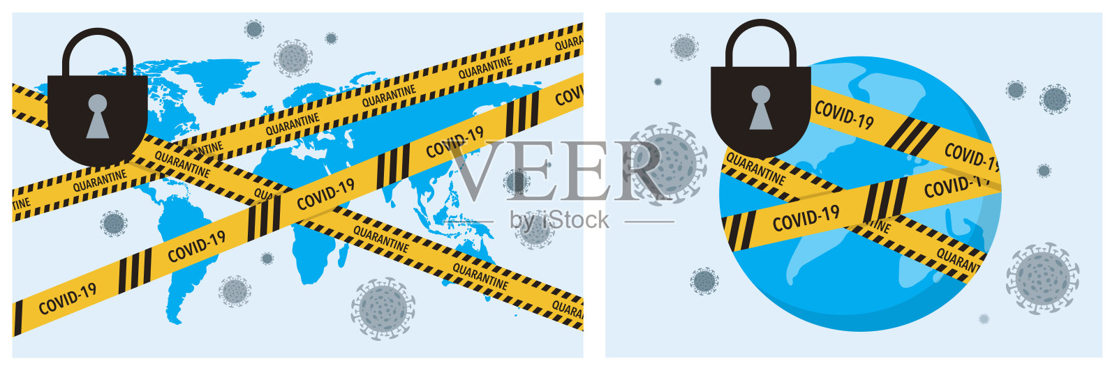 COVID-19病毒封锁了全世界的隔离带。冠状病毒大流行，媒介概念说明插画图片素材