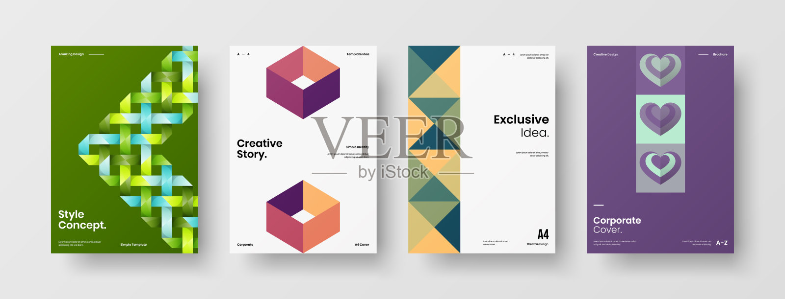 公司标识手册模板收集。业务表示向量A4垂直方向首页模拟设置。公司报告封面抽象几何插图设计布局捆绑。设计模板素材