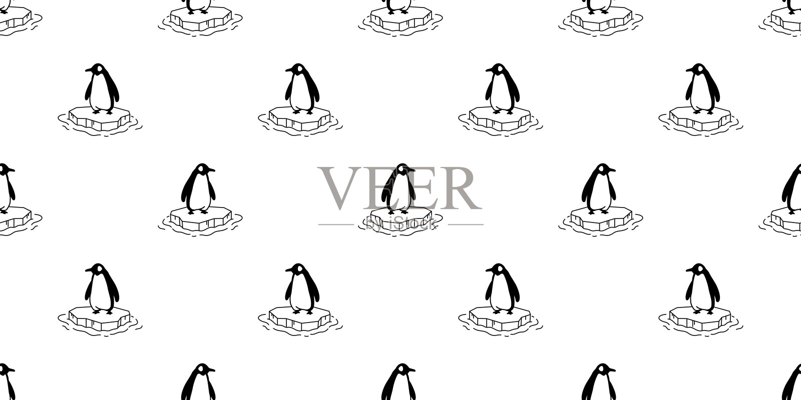 企鹅无缝图案鸟冰山矢量卡通北极熊围巾孤立瓷砖背景重复墙纸插图涂鸦设计插画图片素材