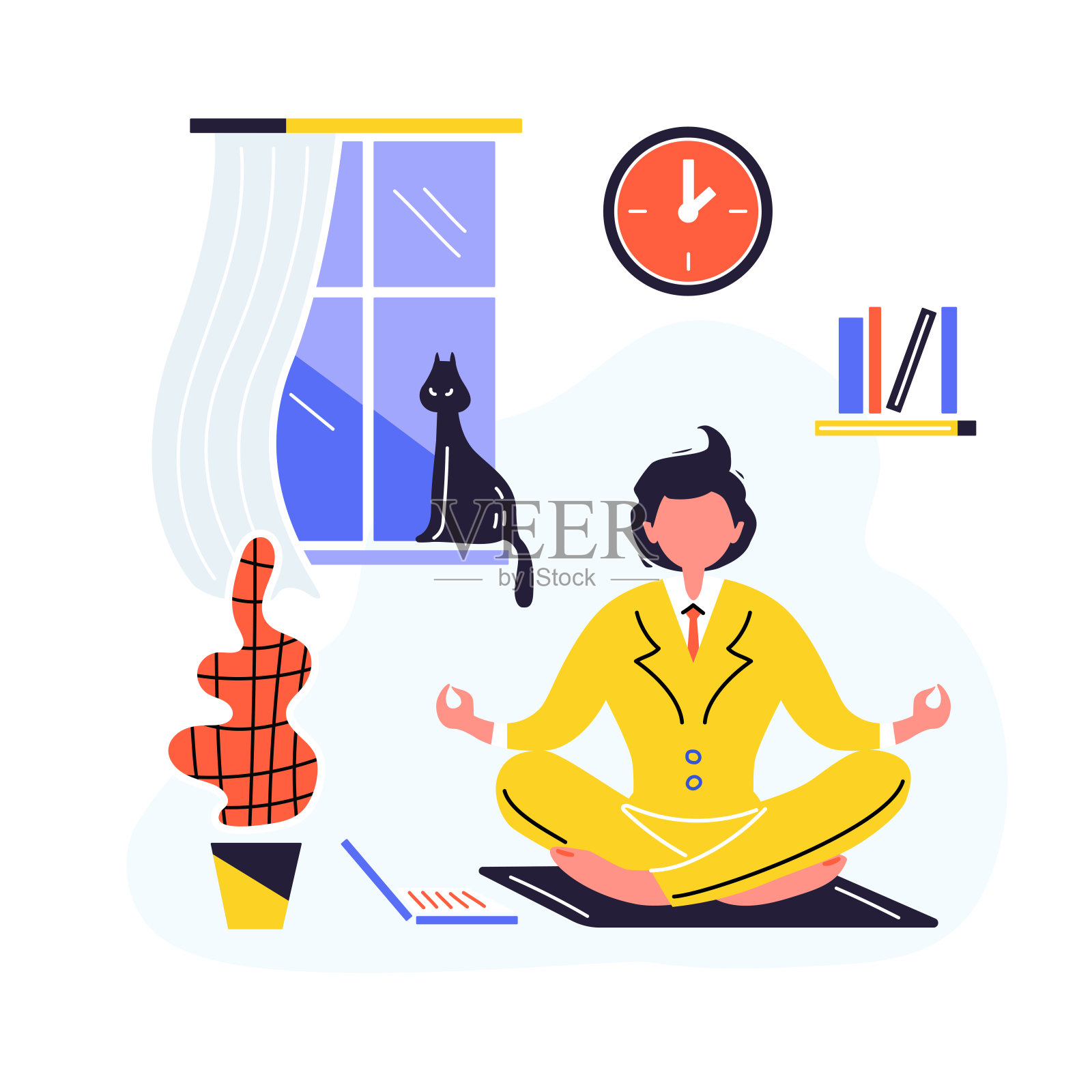 一个穿着黄色服装的年轻人坐在地板上做瑜伽，背景是房间内部。在冠状病毒大流行期间的内政部。危机期间的求职。呆在家里。矢量图插画图片素材