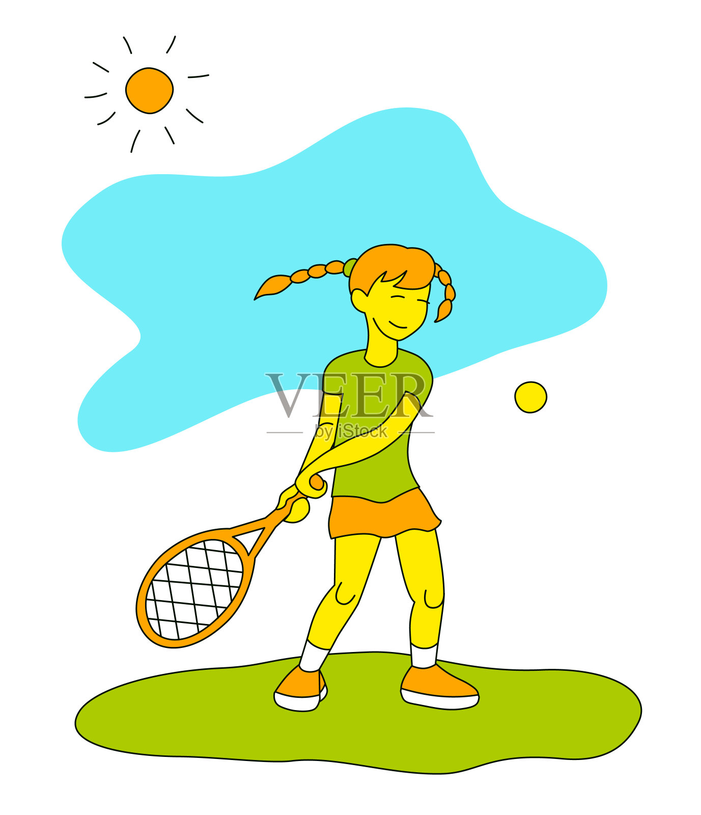 小女孩在打网球。矢量插图在一个平坦的风格。孤立在白色背景上。体育的概念。插画图片素材