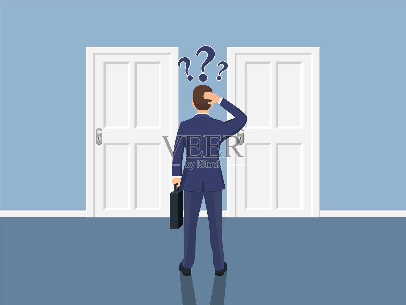 商人站在紧闭的大门前。插画图片素材