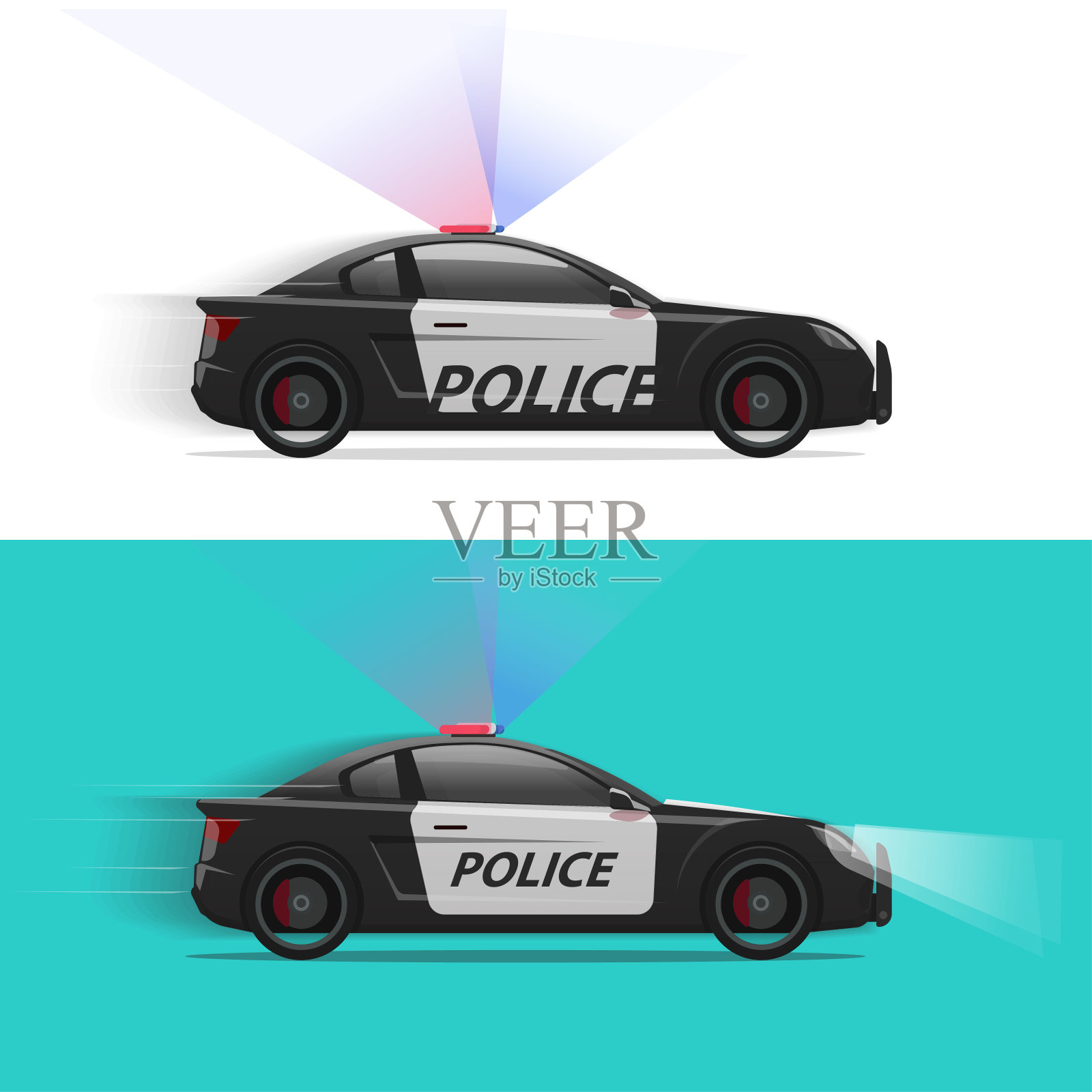 警车矢量移动与警报器闪光灯或巡逻车侧视图孤立的平面卡通插图剪贴图像插画图片素材