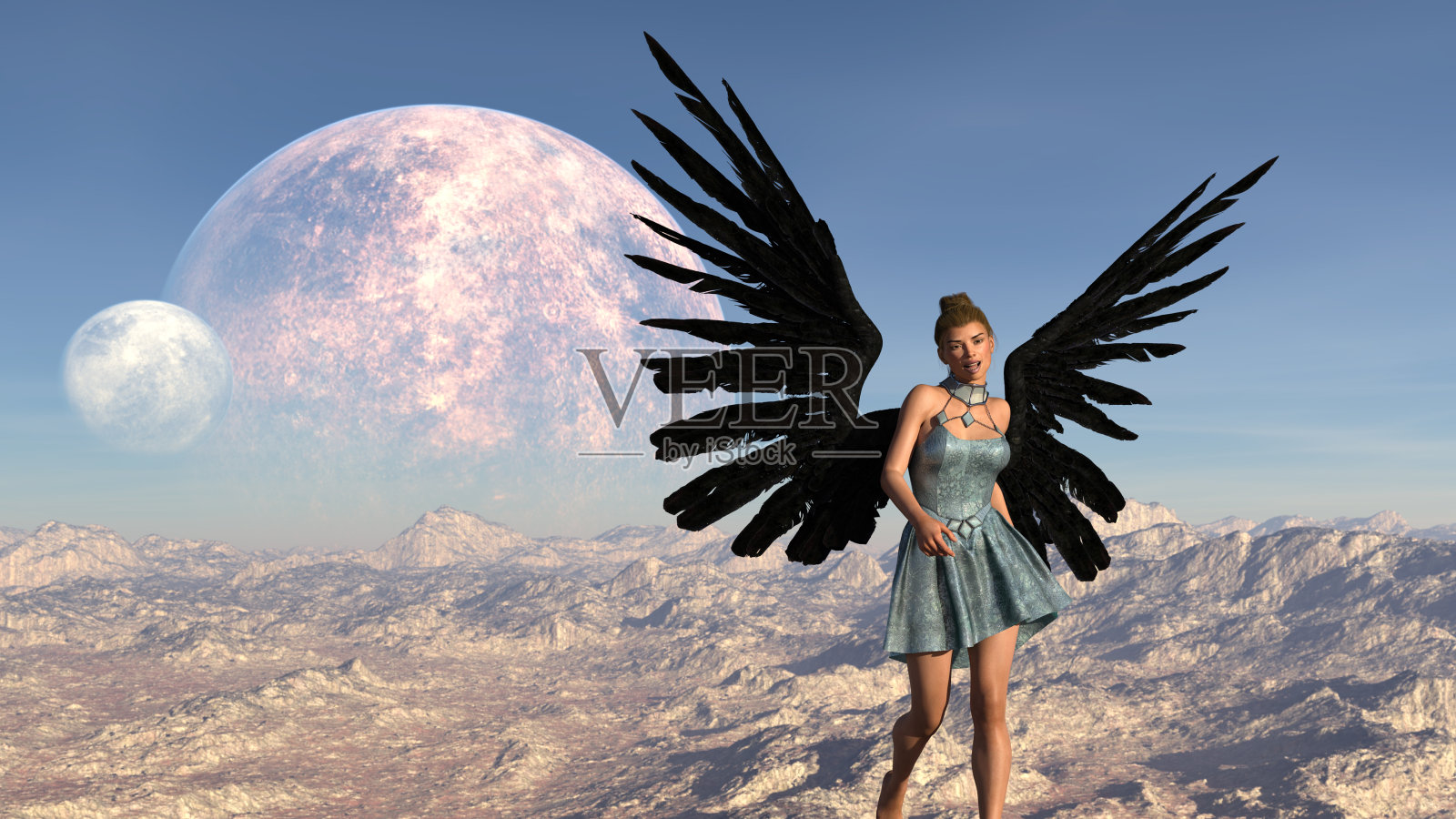 一个女人张开翅膀跳舞的插图。照片摄影图片