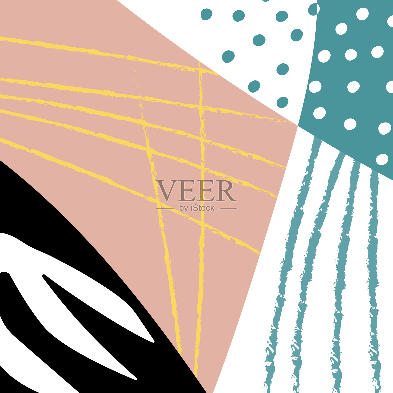 抽象的形状，涂鸦和热带树叶矢量插图。手绘的标记和涂鸦拼贴画。抽象，手绘几何图形孤立在彩色背景插画图片素材