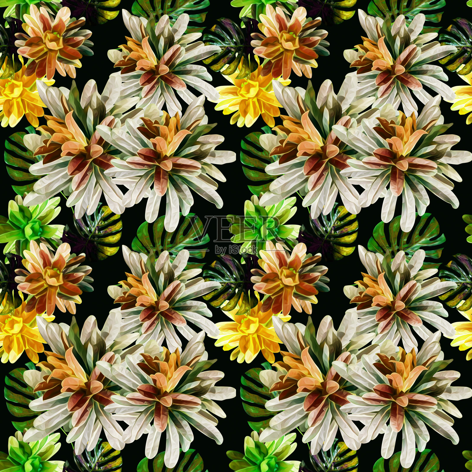 奇异的植物与怪物的叶子，无缝图案。插画图片素材