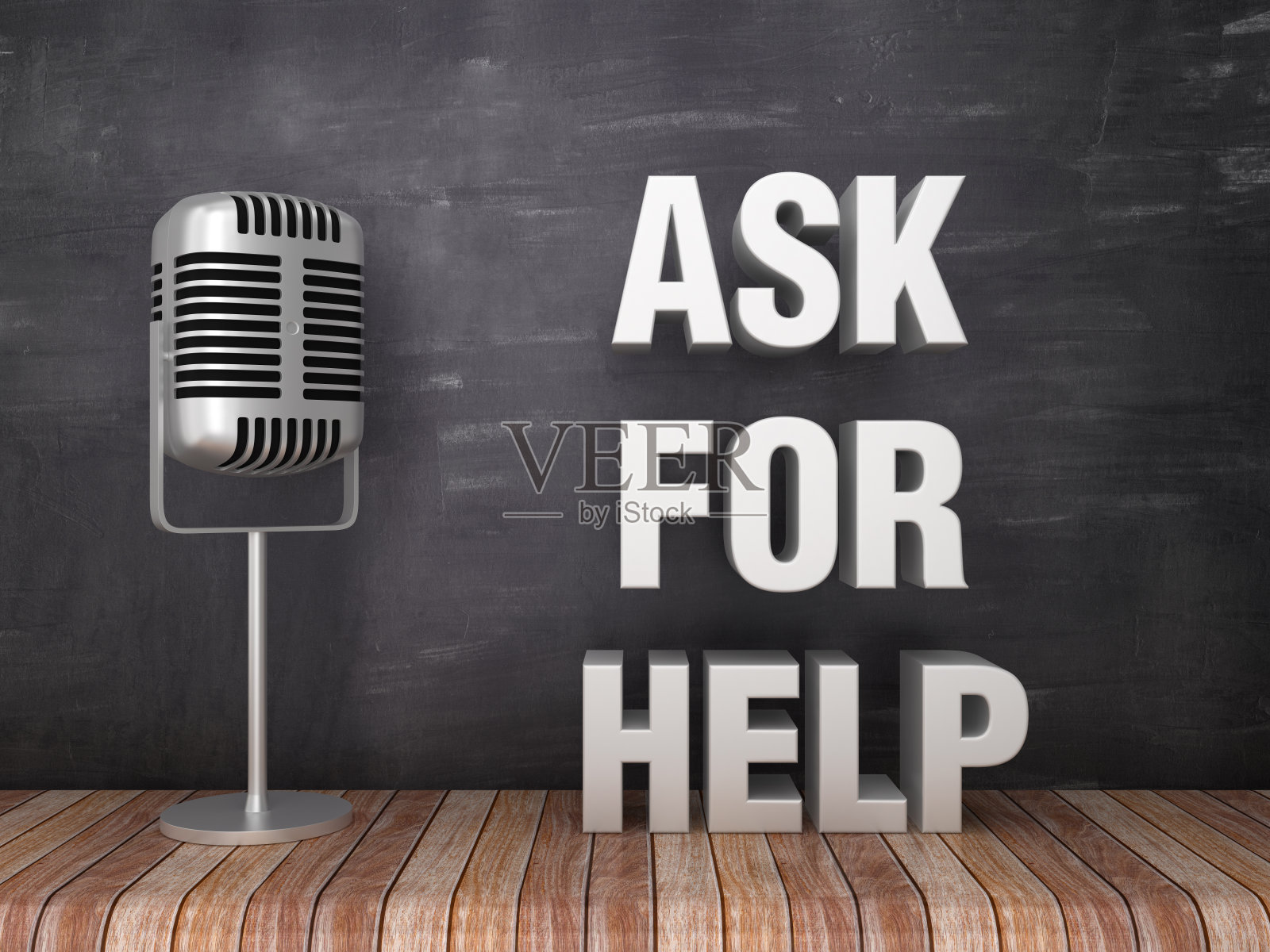 麦克风与要求帮助短语- 3D渲染照片摄影图片