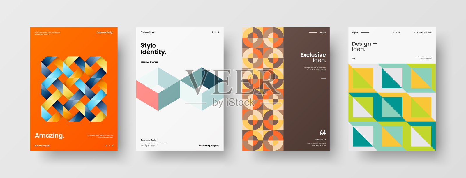 公司标识手册模板收集。业务表示向量A4垂直方向首页模拟设置。公司报告封面抽象几何插图设计布局捆绑。设计模板素材