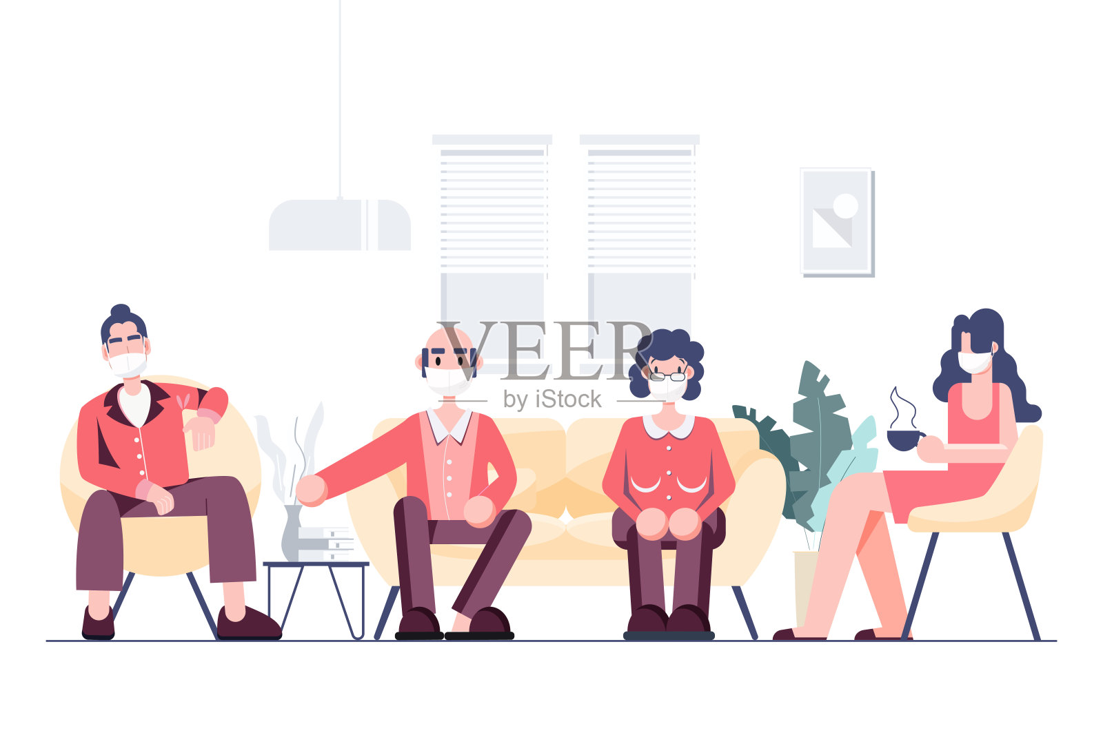 人们在家里戴着面具保持社交距离的概念。冠状病毒covid-19暴发。插画图片素材