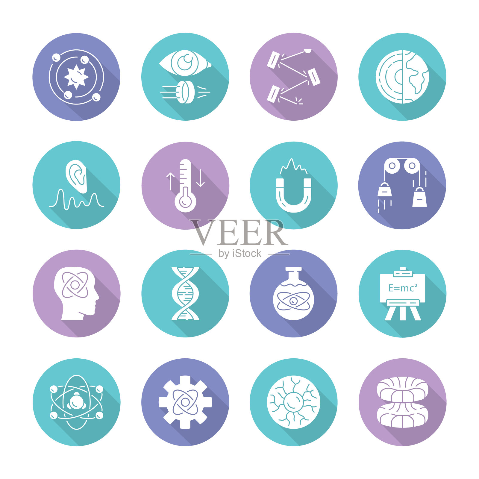 物理分支平面设计长阴影象形图标集。物理过程和现象。古典物理学，现代物理学和量子物理学。音响、热力学。向量轮廓图图标素材