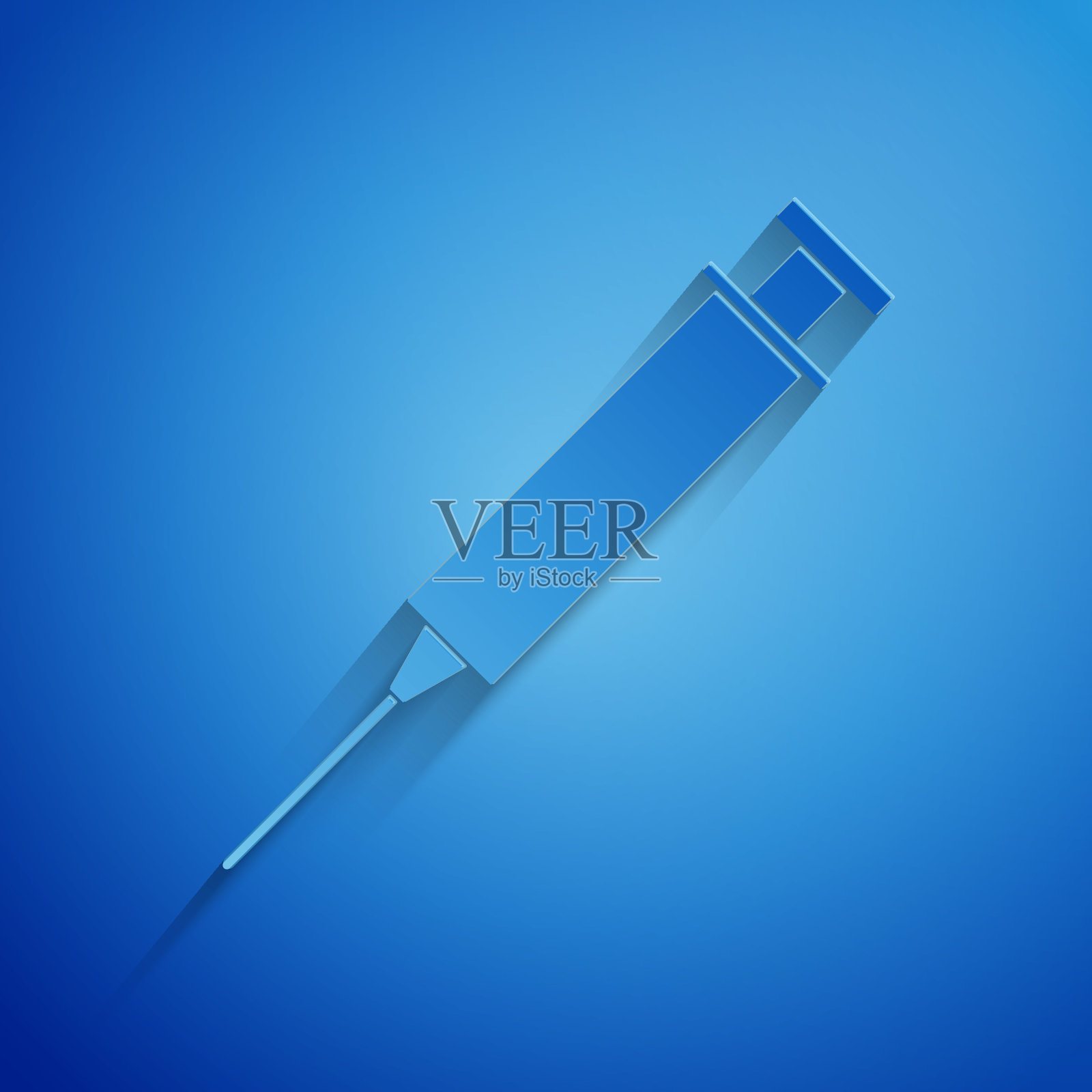 剪纸注射器图标隔离在蓝色背景。注射疫苗，接种疫苗，注射，流感疫苗。医疗设备。纸艺术风格。矢量图插画图片素材